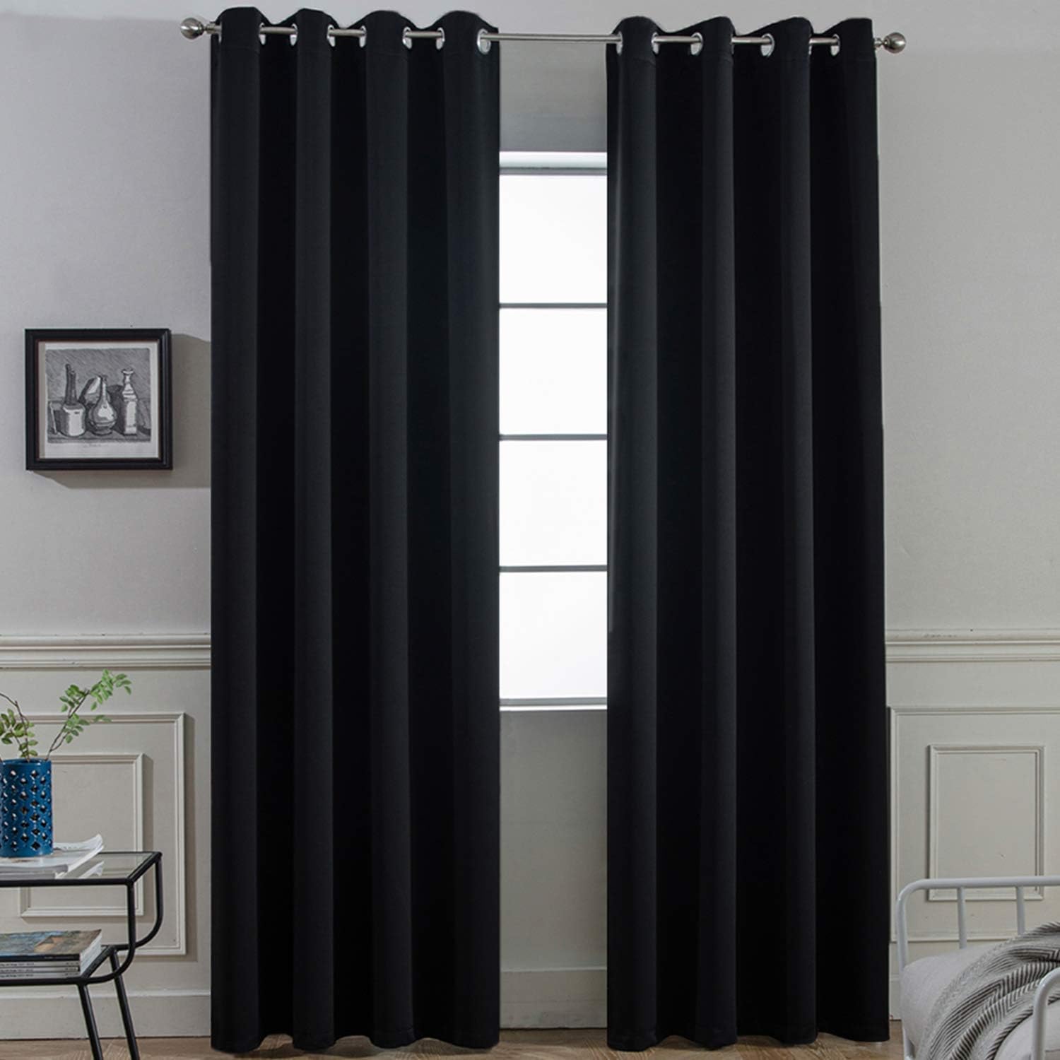 Yakamok Thermal Insulated Blackout Curtains Solid Grommet Window Drapery Bedroom/Living Room, Black, W52 x L96, 2 Panels