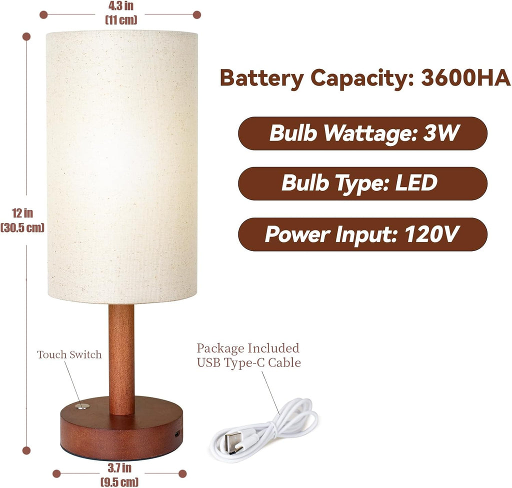 LALISU Cordless Table Lamp, 3 Color Dimming Portable Battery Lamp, Touch Control Wood Base Small Bedside Lamps for Night Stands, Living…