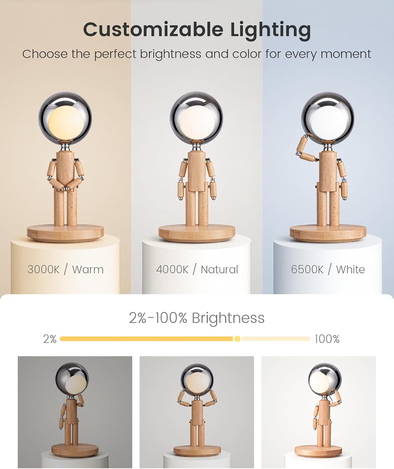 Rechargeable Cordless Desk Lamp, Creative Wooden Table Lamp with 3 Color &Stepless Dimming, Adjustable Pause Moon Lamp, Unique Decorative…