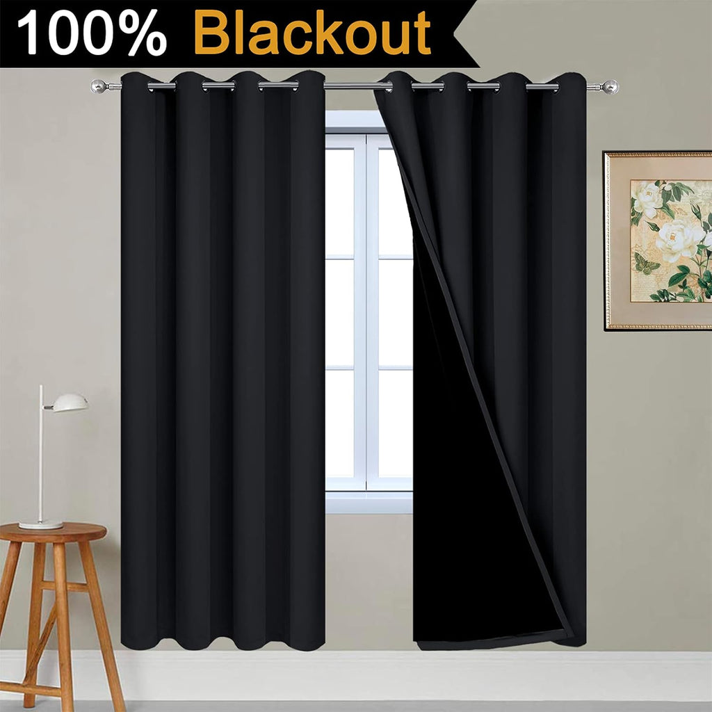 Yakamok 72 Inch Length 100% Blackout Curtains for Bedroom, 2 Thick Layers Thermal Insulated Grommet Total Blackout Drapes with Black Liner…