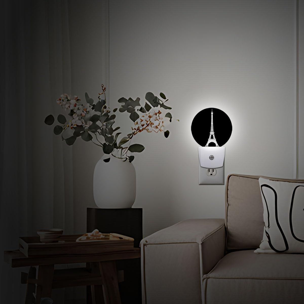 Paris Eiffel Tower France Night Light Plug Into Wall Auto Led Sleep Round Lamp for Living Room Hallway Stairs