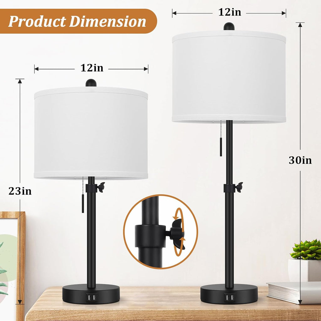 Kondras Table Lamp for Bedroom Set of 2, 23" to 30" Height Adjustable Bedside Lamp with 2 USB Ports, Black Nightstand Lamp with White…