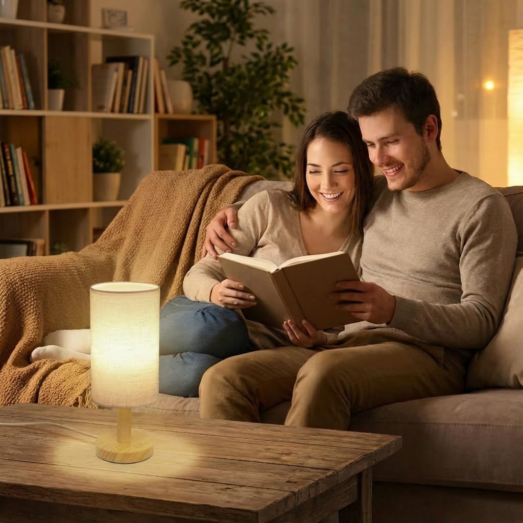 PuziphaTableLamp Touch Bedside Table Lamp - Stepless Dimming USB Powered, Minimalist Wood Base Linen Shade, 2700K Warm Light for Bedroom Ni…