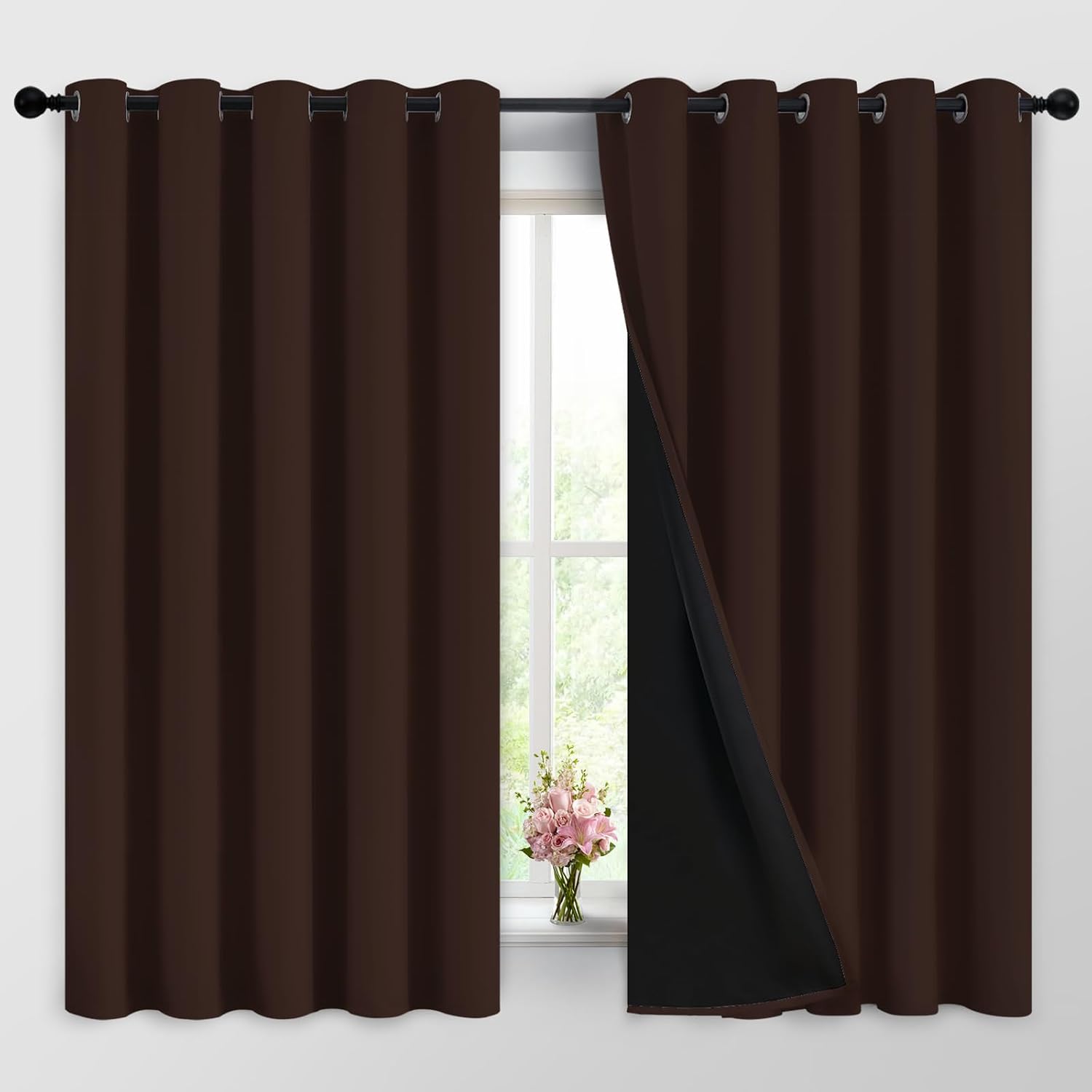 Yakamok 100% Blackout Curtains for Bedroom, 2 Thick Layers Thermal Insulated Grommet Total Blackout Drapes with Black Liner for Living Room…