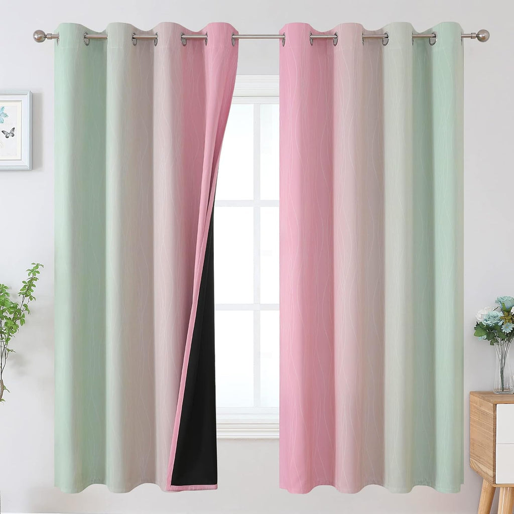 Estelartextiler Estelar Textiler Ombre Sage Green and Pink Blackout Curtains 63 Inch Length 2 Panels for Playroom, Gradient Thermal Insulat…