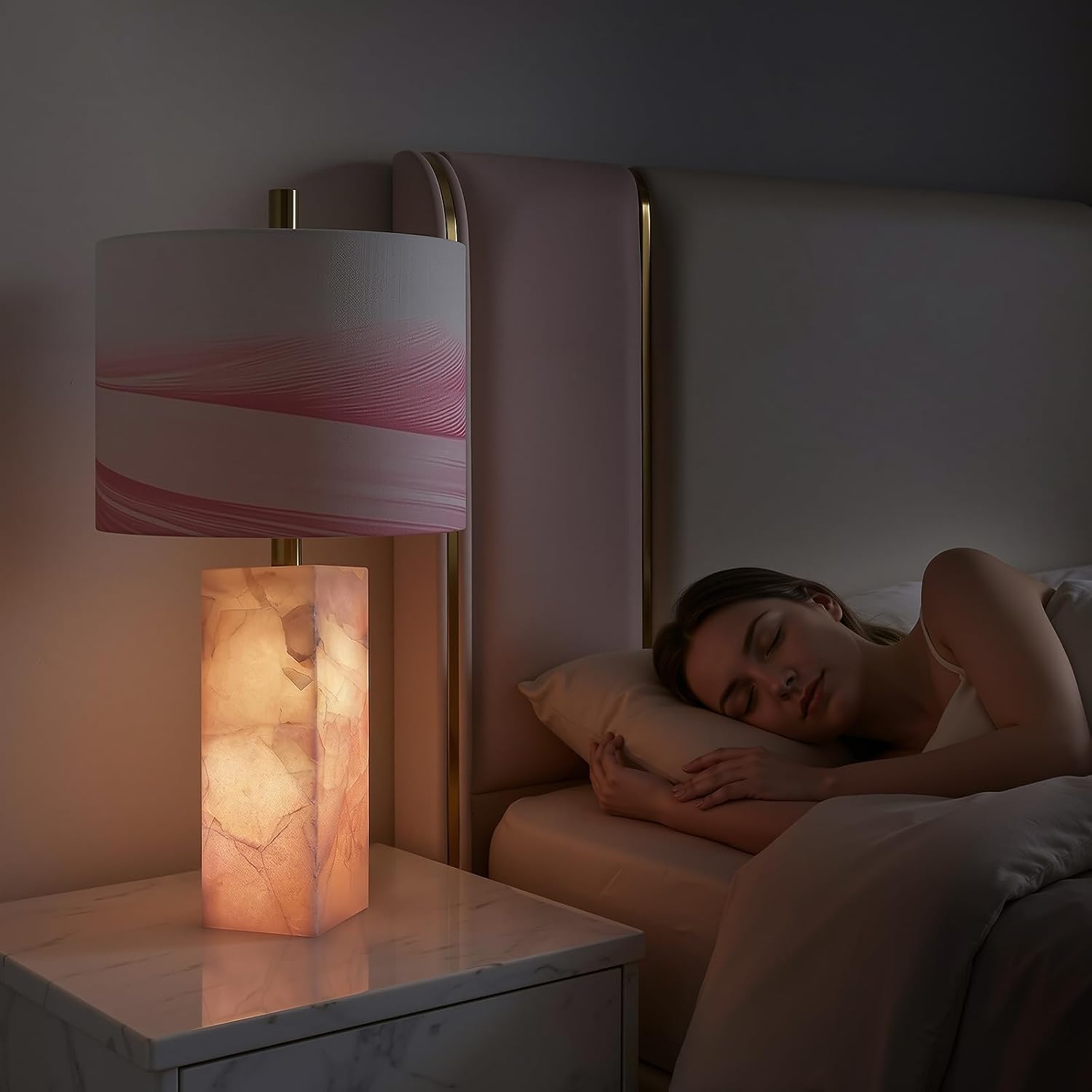 Scenekoy 23" Alabaster Table Lamp Set of 2 with Night Light for Bedroom Living Room, Rotary Switch, Pink Modern Table Lamp with Linen…