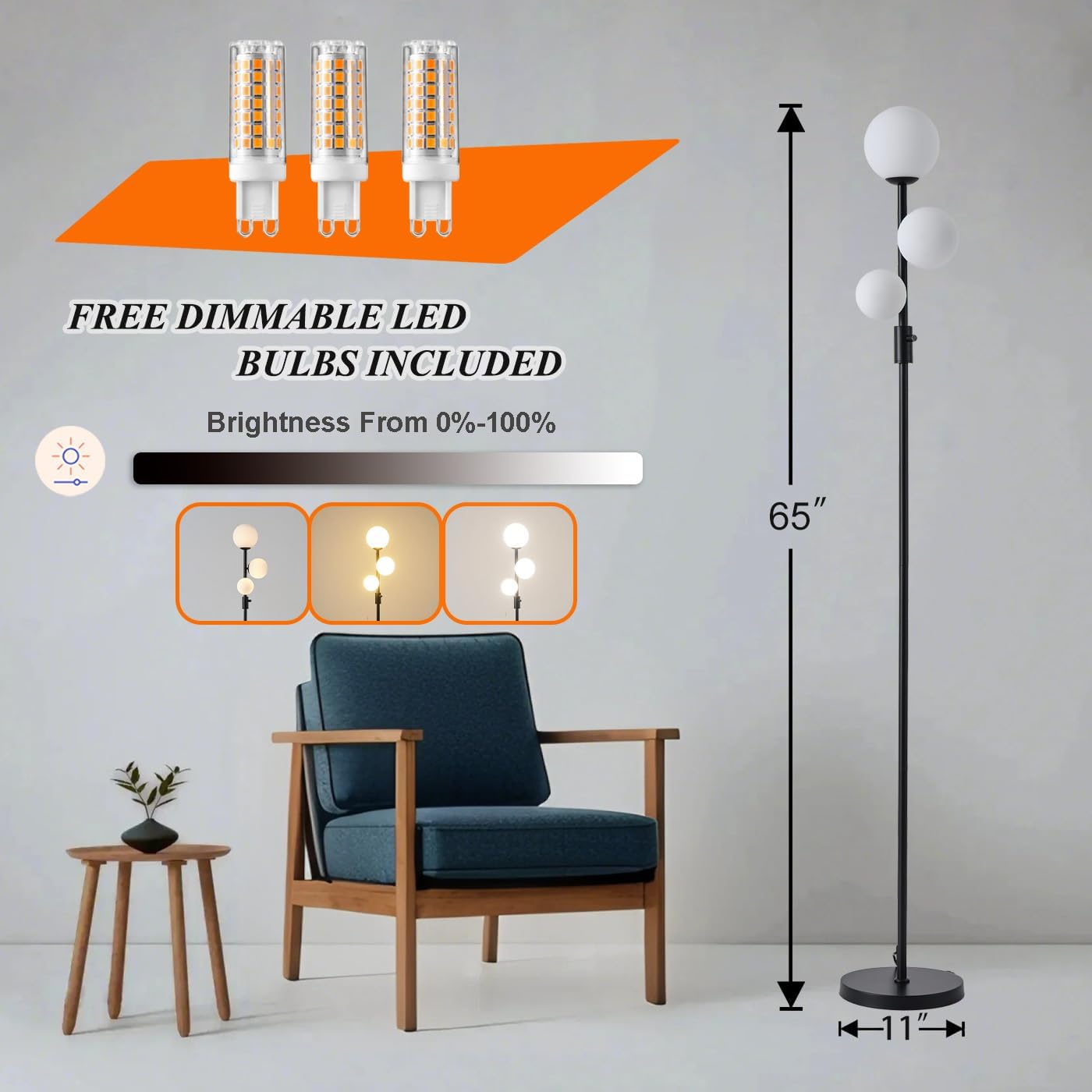 Fiqevs Upgraded Dimmable 3 Globe Mid Century Modern Floor Lamp, 3 x 3000K Warm Light LED Bulbs Included, Matt Black Standing Lamp with…