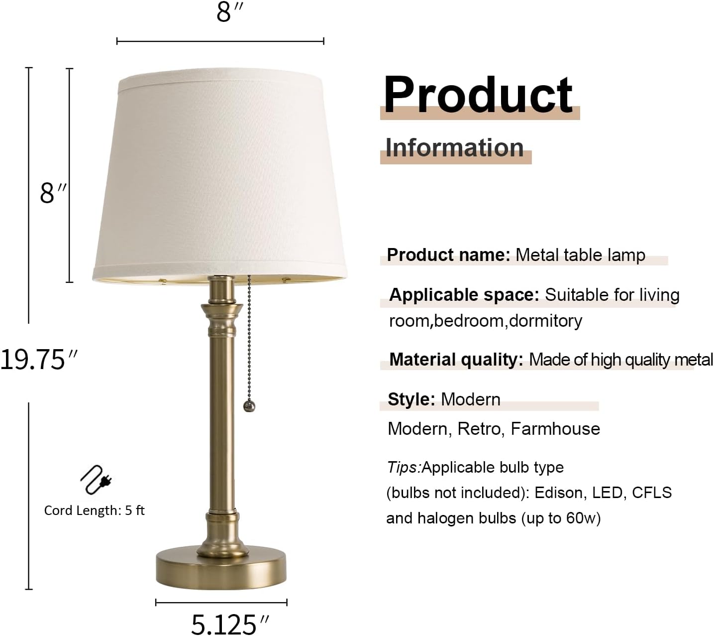 Oneach 19.5” Warm Gold Table Lamps Set of 2, Pull Chain Switch Bedside Table Lamps, Modern Nightstand Lamp with Linen Shade, Small Desk…