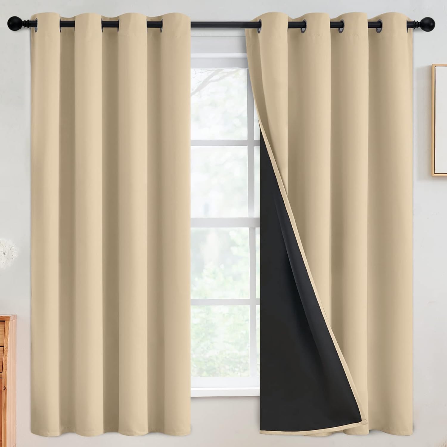 SimpleHome 100% Blackout Curtains for Bedroom, Thermal Insulated Grommet Window Drapes Room Darkening Beige Curtains for Living Room with Bl…