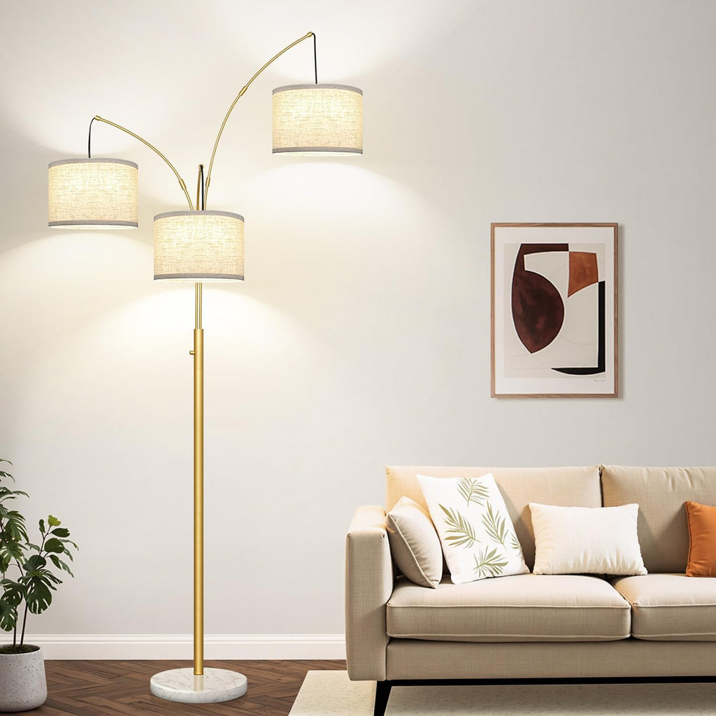Dimmable 3 Lights Arc Floor Lamp, Modern Tall Standing Tree Lamp with Gold Pole, White Linen Shades & Solid Marble Base, 3000LM Warm…
