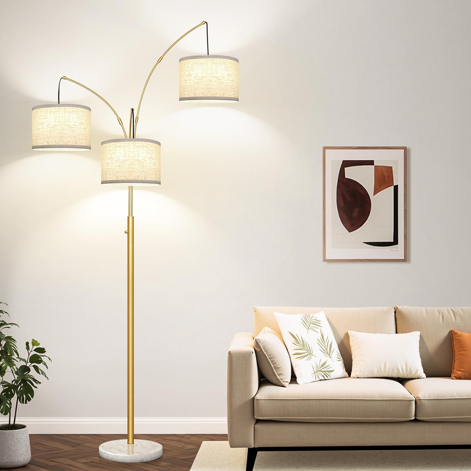 Dimmable 3 Lights Arc Floor Lamp, Modern Tall Standing Tree Lamp with Gold Pole, White Linen Shades & Solid Marble Base, 3000LM Warm…