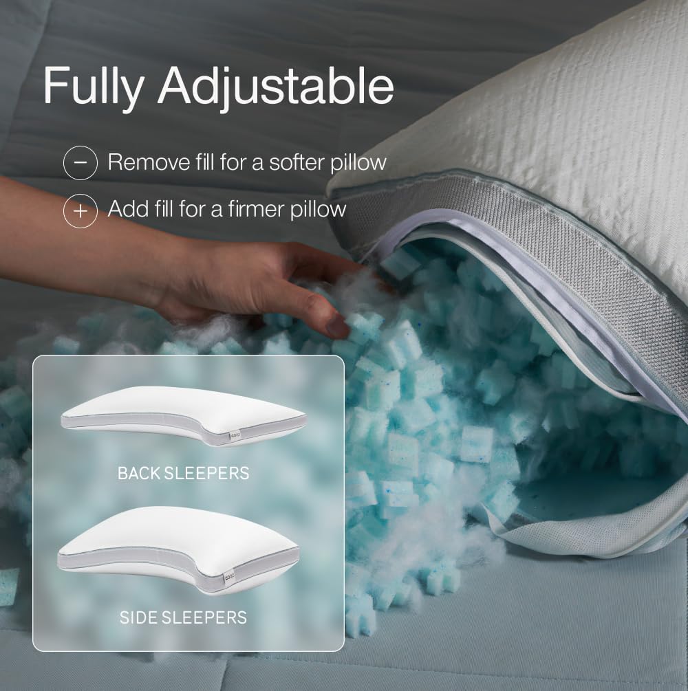Coop Home Goods Cool+ Crescent Adjustable Pillow, Queen Size Plus Shaped Memory Foam Pillows with Cooling Gel, Neck Support, Back or Side…