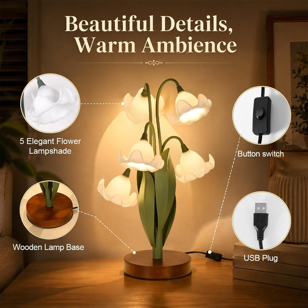 Flower Table Lamp for Bedroom, Cute Reading Light with 5 White Magnolia Flower of The Valley, Desk Lamp Bedside Lamps for Nightstands…