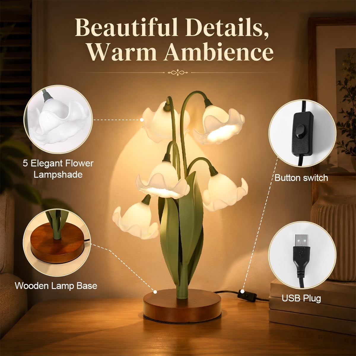 Flower Table Lamp for Bedroom, Cute Reading Light with 5 White Magnolia Flower of The Valley, Desk Lamp Bedside Lamps for Nightstands…