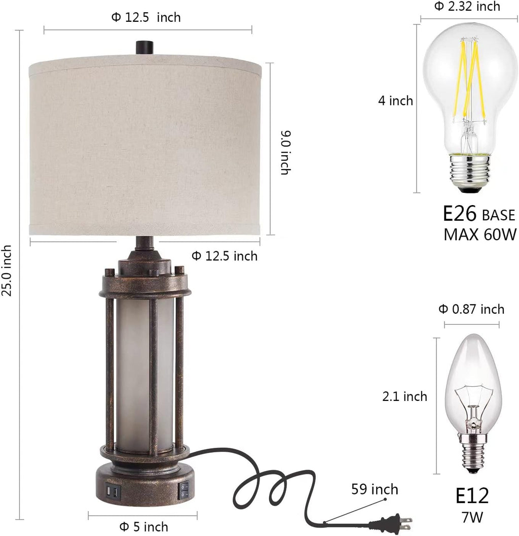 Set of 2 Farmhouse Lamps for Living Room, Rustic Vintage Bedroom Nightstand Table Lamp with 2 USB Charging Ports, Built-In Frosted Glass…