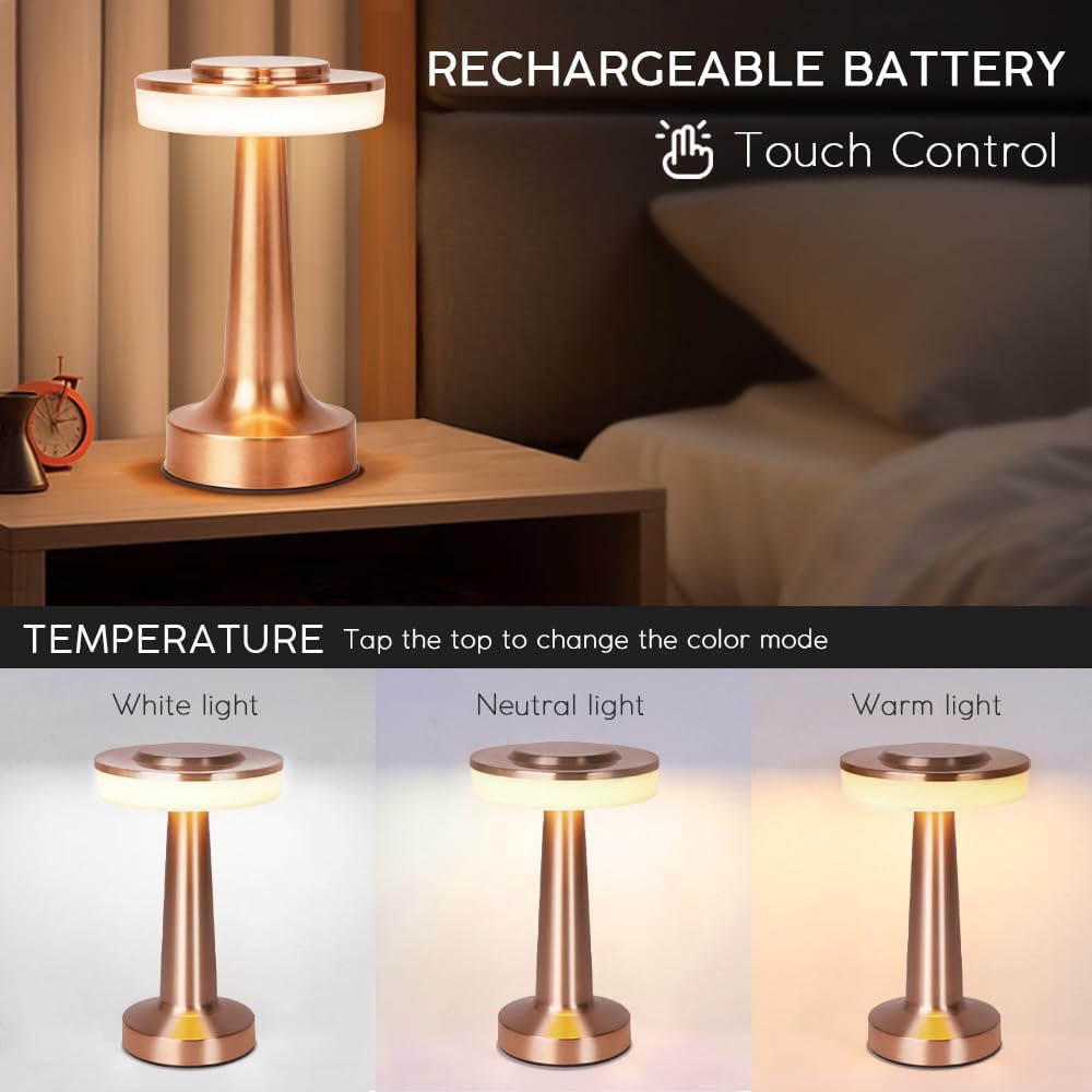 Jhpgeoe Cordless Metal Desk Lamp, Touch Sensor Control LED Table Lamp,3 Color Stepless Dimmable Battery Powered Lamp for Living Room, Dorm,…