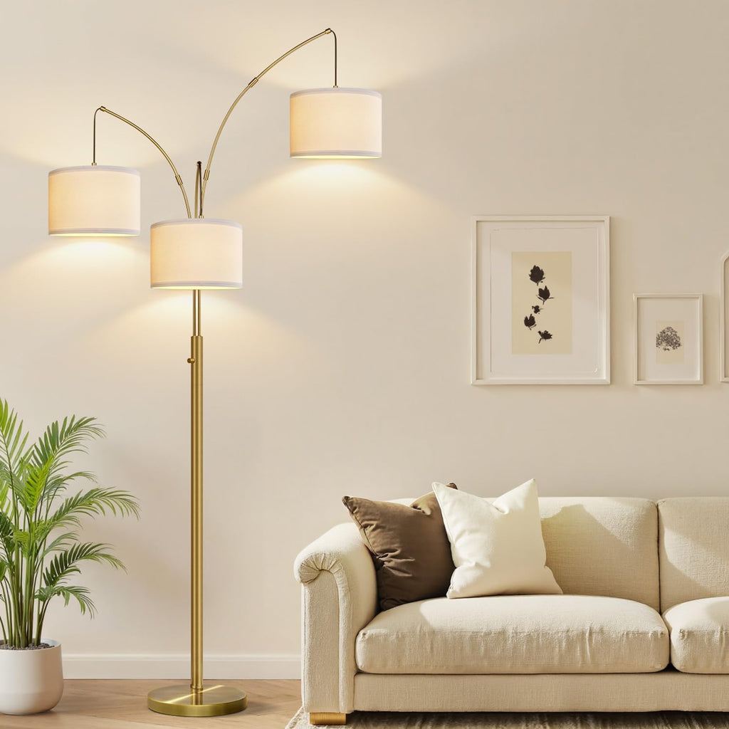 Nintiue Dimmable Floor Lamp - 3 Lights Brass Arc Floor Lamps for Living Room, 1000LM Modern Tall Standing Lamp with Linen Shades, Mid…
