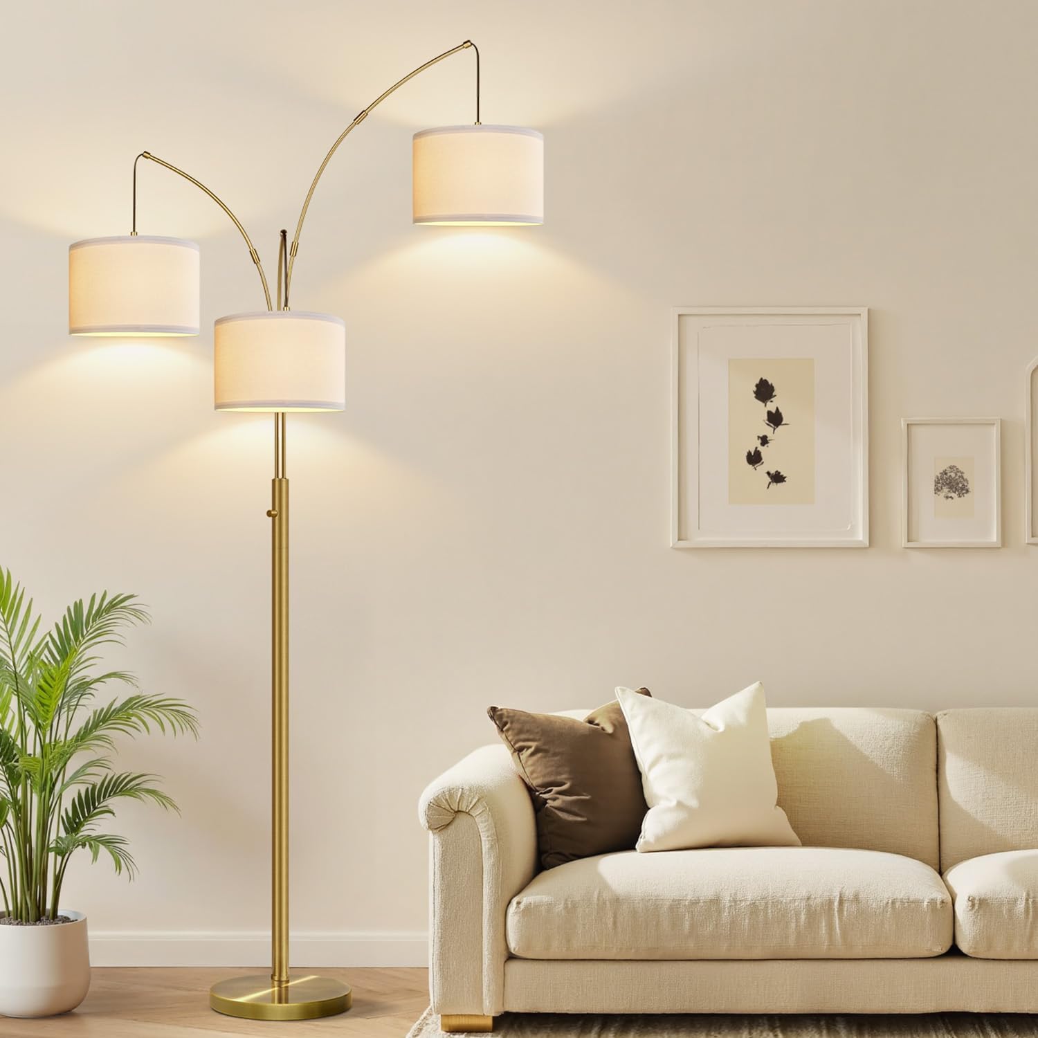 Nintiue Dimmable Floor Lamp - 3 Lights Brass Arc Floor Lamps for Living Room, 1000LM Modern Tall Standing Lamp with Linen Shades, Mid…