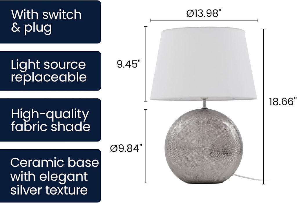 19" Modern Ceramic Table Lamp, Silver Jar-Style Base with White Fabric Shade, Elegant Bedside Lamp for Nightstand or Living Room, E26…