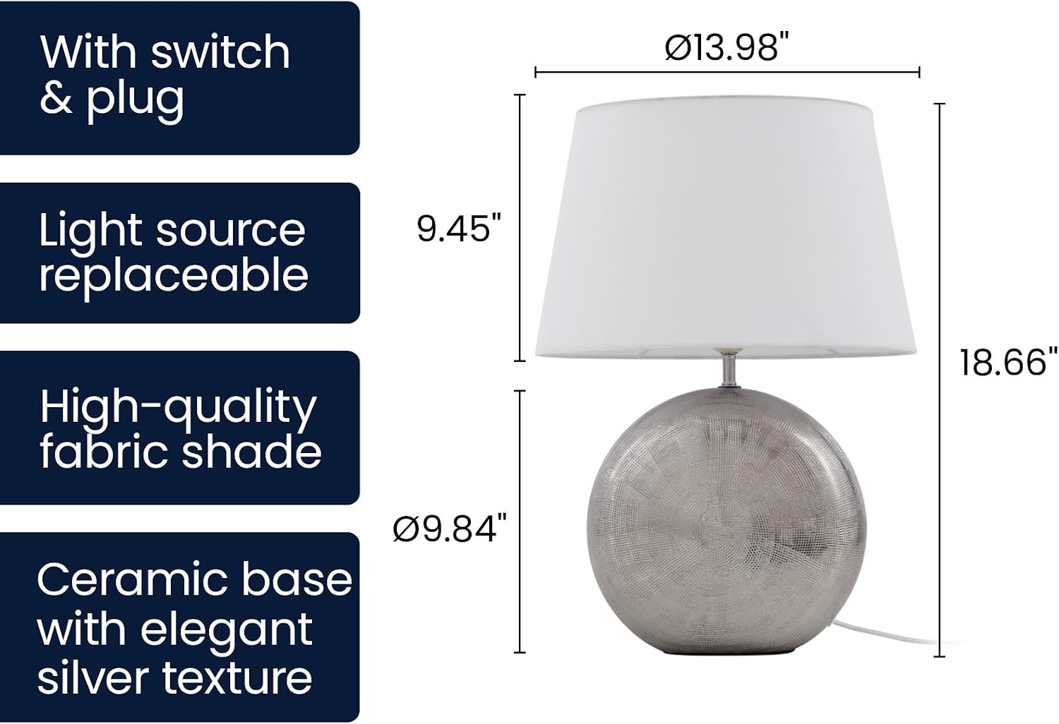 19" Modern Ceramic Table Lamp, Silver Jar-Style Base with White Fabric Shade, Elegant Bedside Lamp for Nightstand or Living Room, E26…