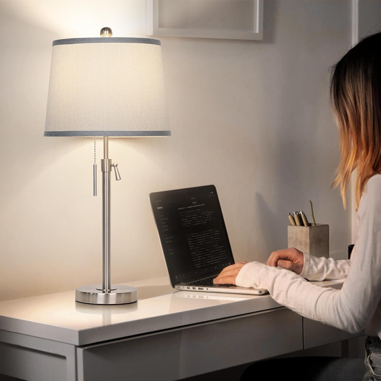 JUNNAI Table Lamps Set of 2, Bedside Lamp Silver Tall Table Lamps for Living Room End Tables, 22" to 30" Adjustable Height Lamp for…