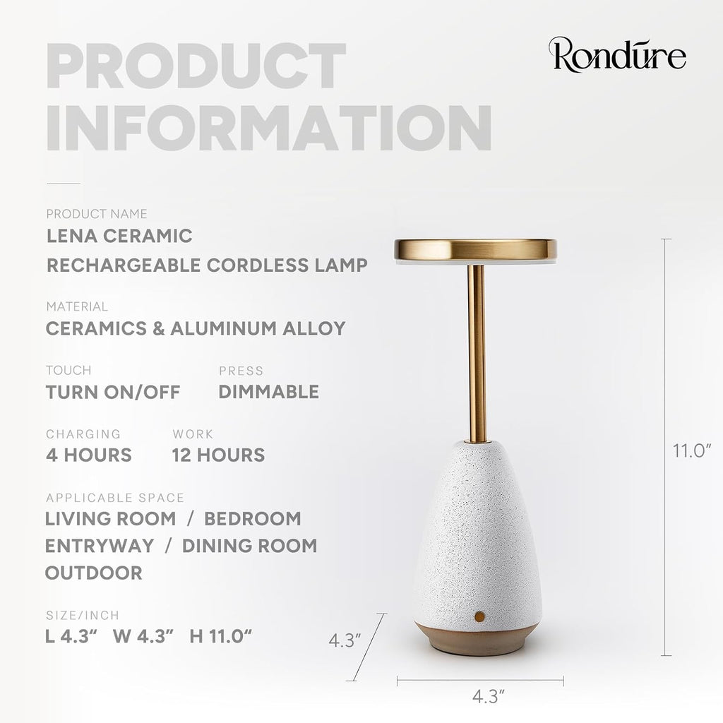 RONDURE 11.0" Ceramic Cordless Table Lamp, Portable Rechargeable Table lamp, Touch Dimmable Warm Ambient Lighting for Living Room…