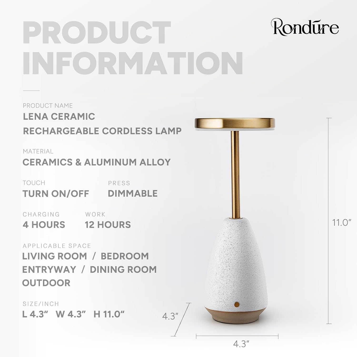 RONDURE 11.0" Ceramic Cordless Table Lamp, Portable Rechargeable Table lamp, Touch Dimmable Warm Ambient Lighting for Living Room…