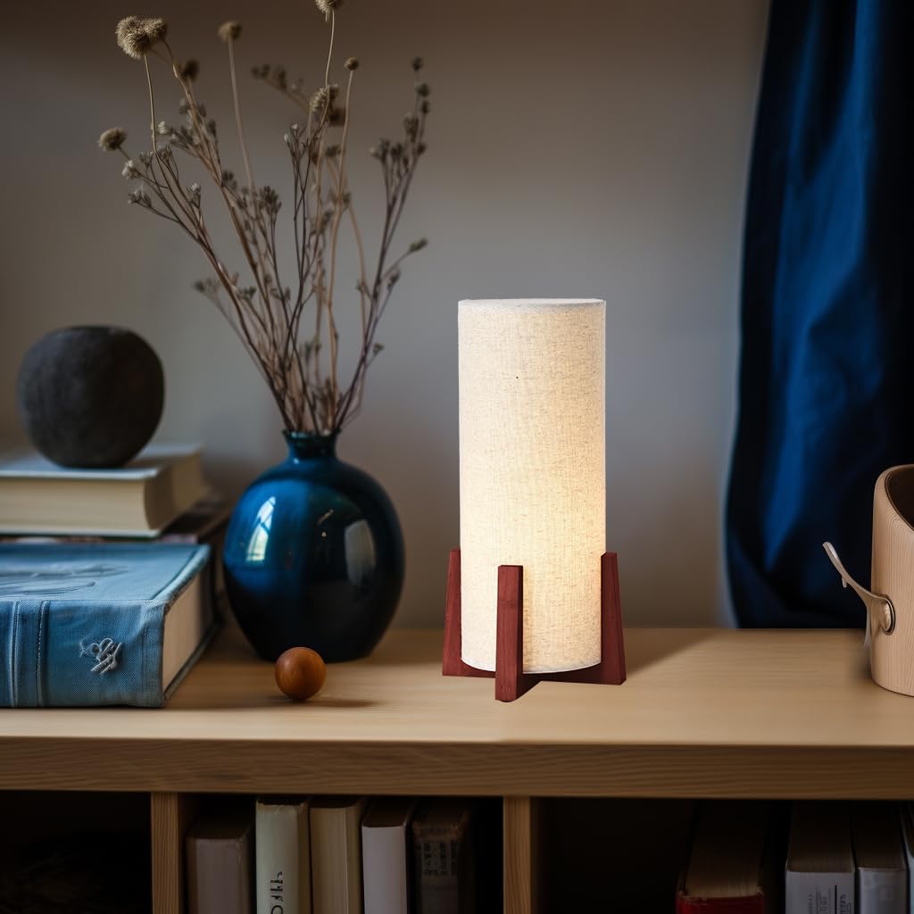 KUNJOULAM Modern Small Table Lamps, Nightstand Lamp with Linen Fabric Shade, 13.9" Cylinder Bedside Table Lamp for Bedroom, Cafe, Living…