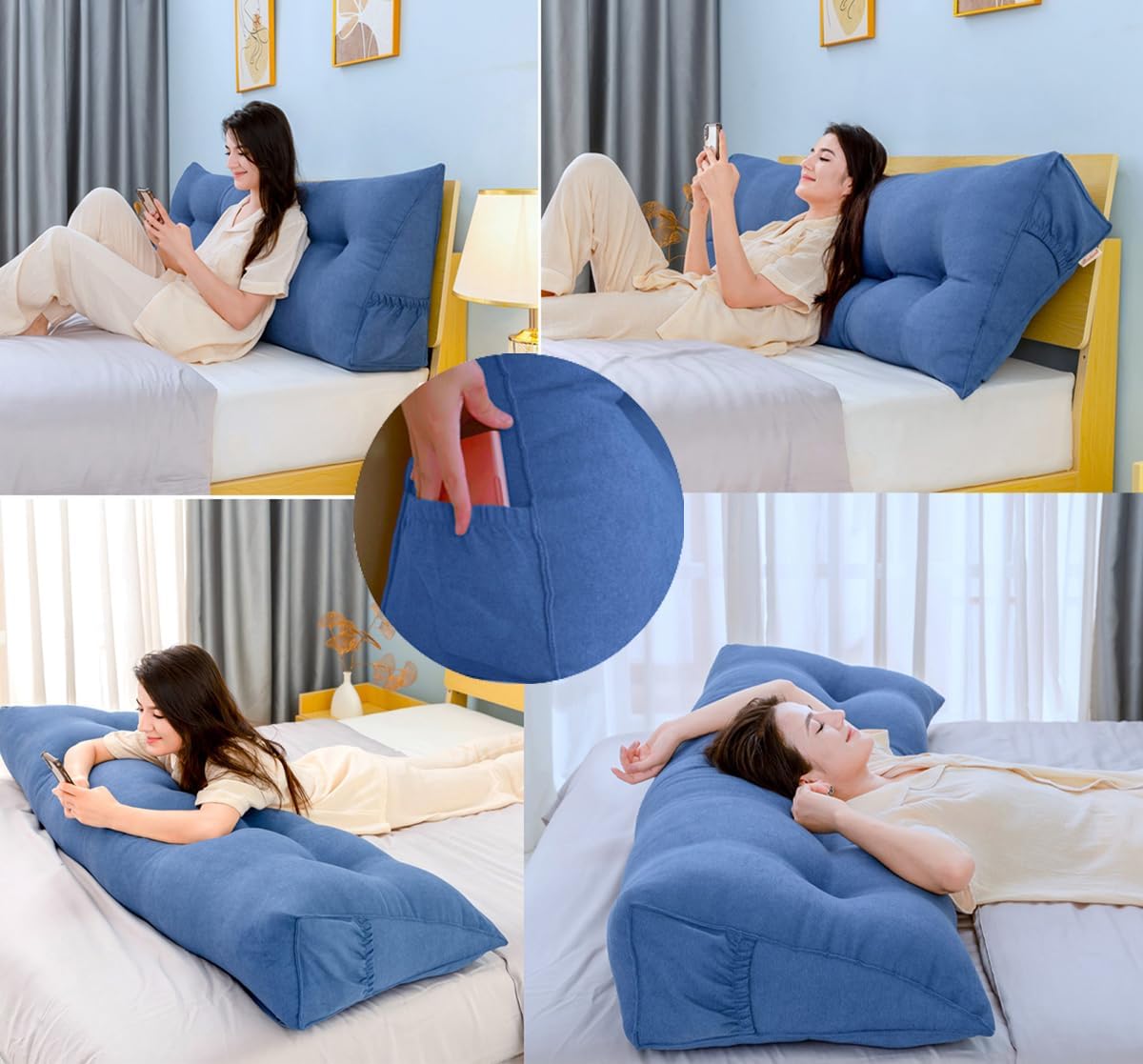 Peachwell Handmade Headboard Pillow- Triangular Wedge Support Large Bolster Cushion Headboard Backrest Pillow with Two Large Side Pockets…