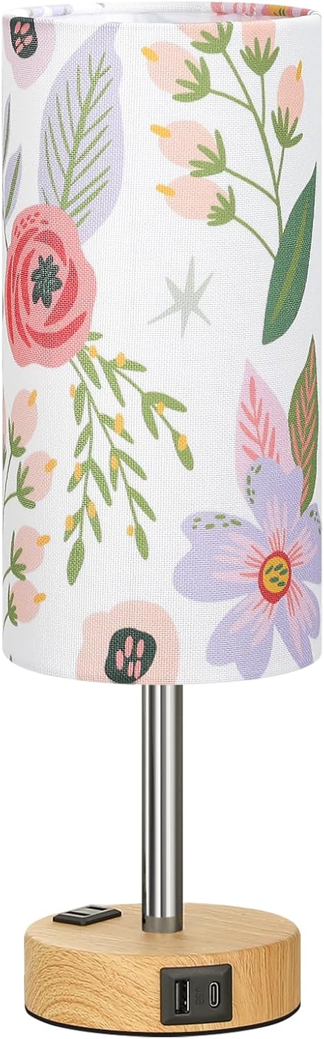 Fenmzee Floral Touch Lamp for Bedroom- 3 Way Dimmable Bedside Lamp USB C A Charging Ports and AC Outlet, Small Table Lamp Floral Linen…