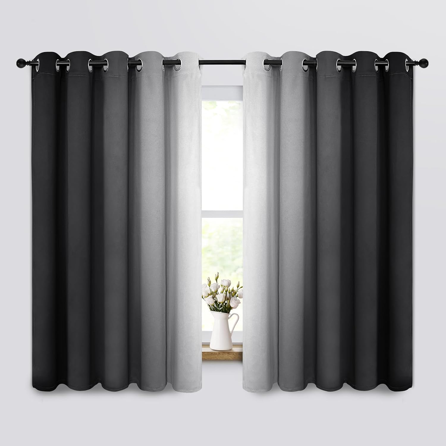 Yakamok Room Darkening Ombre Curtains 63 Inch Length, Black and Greyish White Thermal Insulated Gradient Color Curtains, Light Blocking Grom…