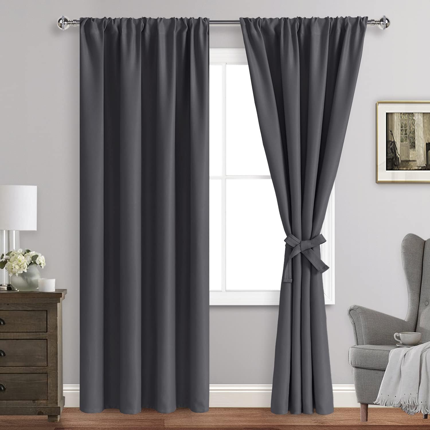 Jiuzhen Blackout Curtains for Bedroom - Thermal Insulated Room Darkening Rod Pocket Curtains for Living Room, Set of 2 Panels with Tiebacks…