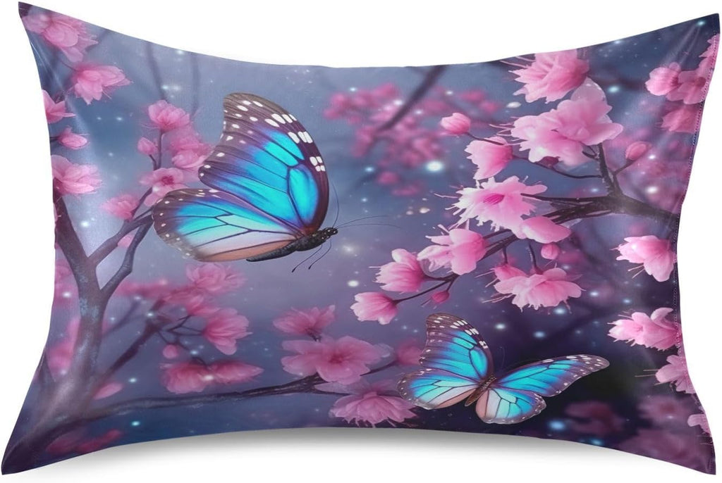 YETTASBIN Butterfly Flower Satin Pillowcase, Soft Breathable Silk Pillow Case with Envelope Closure for Hair and Skin, Standard Size 26 x…
