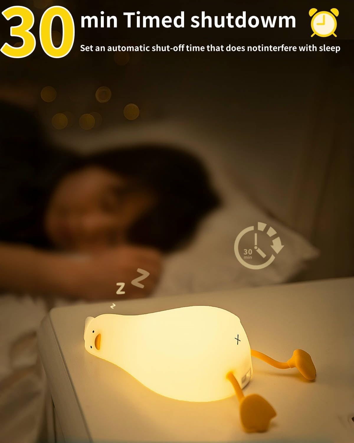 Lying Flat Duck Night Light, Squishy Duck Lamp with Tap Control, 30-Min Auto-Off Timer, Rechargeable Silicone Bedside Lamp for Kids…