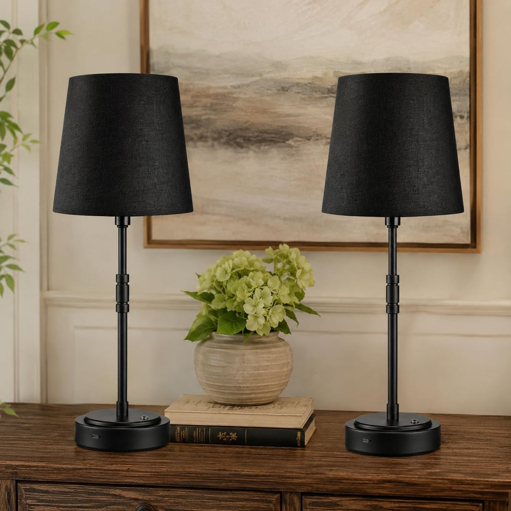 Cordless Table Lamps Set of 2 – Battery Operated Lamp with 7500mAh Rechargeable Battery, Stepless Dimmable Black Lamps with Black Shade…