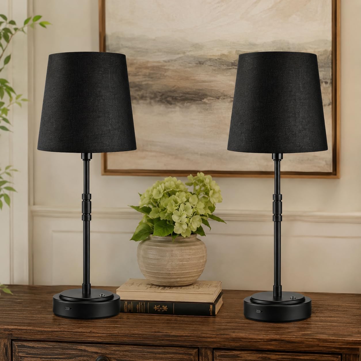 Cordless Table Lamps Set of 2 – Battery Operated Lamp with 7500mAh Rechargeable Battery, Stepless Dimmable Black Lamps with Black Shade…