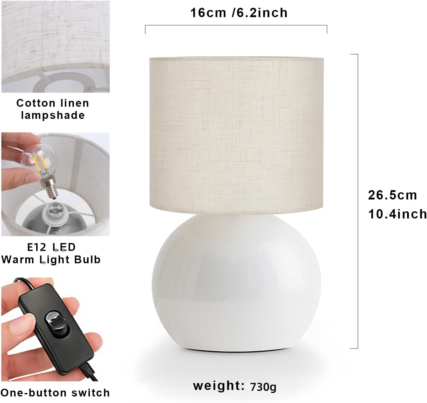 Modern White Small Table Lamp with Cotton Linen Shade, 10.4-inch LED Desk Light, One-Button Switch for Bedroom, Living Room, Nightstand…