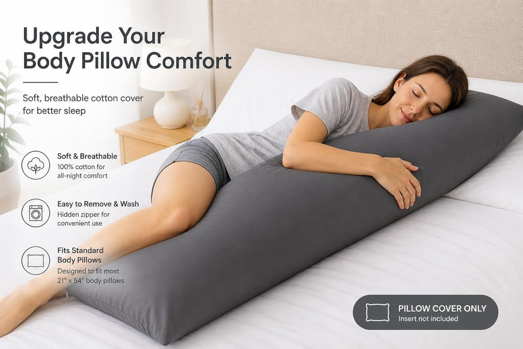 Evolive 300 Thread Count 100% Cotton Body Pillow Cover, 21" x 54", Soft Breathable Replacement Pillow Case with Hidden Zipper Closure (Char…
