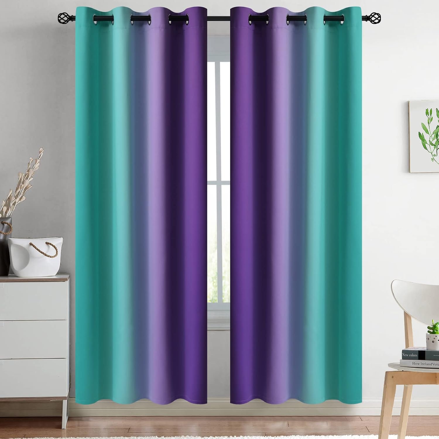 Yakamok Ombre Teal and Purple Curtains for Bedroom, Gradient Room Darkening Curtains 72 inches long, Grommet Thermal Insulated Light Blockin…