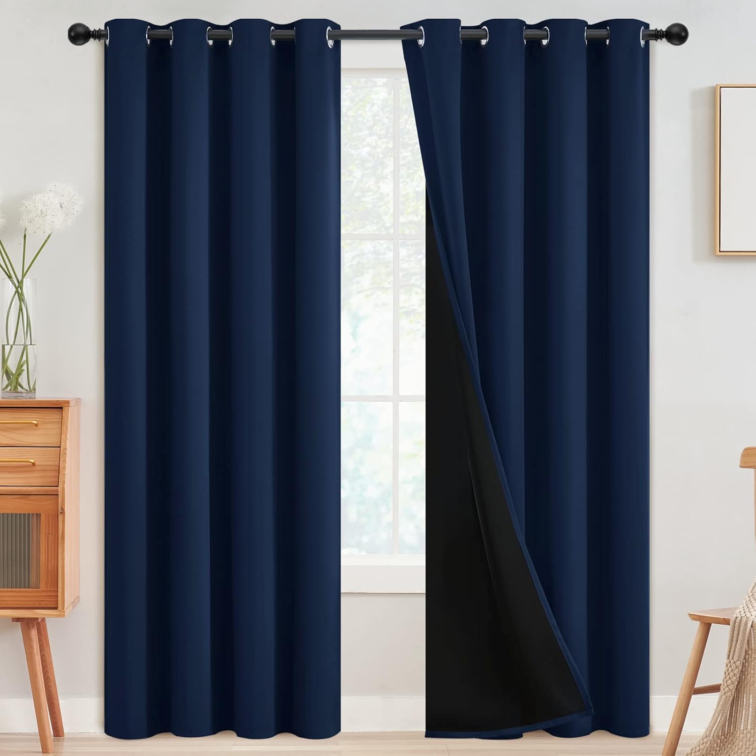 SimpleHome 100% Blackout Curtains for Bedroom, Thermal Insulated Grommet Window Drapes Room Darkening Navy Blue Curtains for Living Room wit…