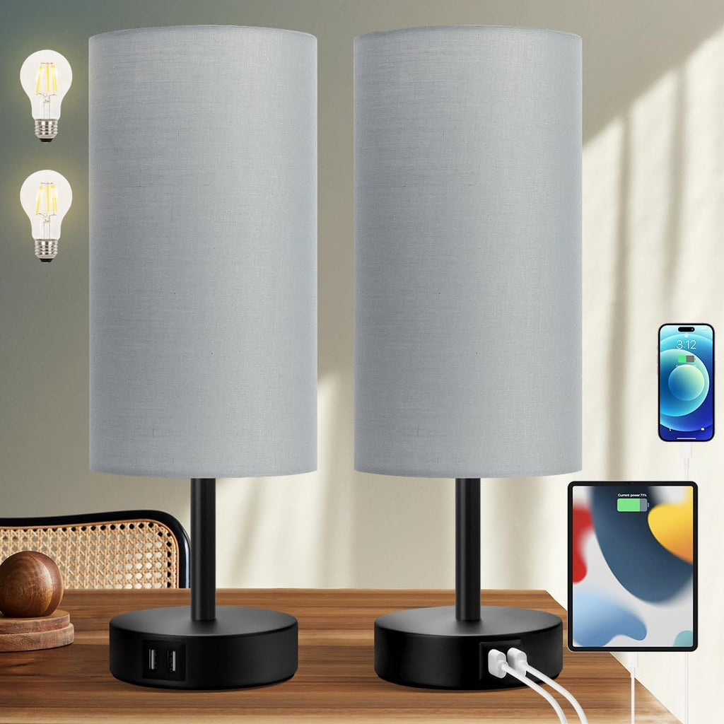 Yarra-Decor Bedside Lamps with USB Port - Touch Control Table Lamp for Bedroom 3 Way Dimmable Nightstand Lamp Set of 2 with Round Grey…