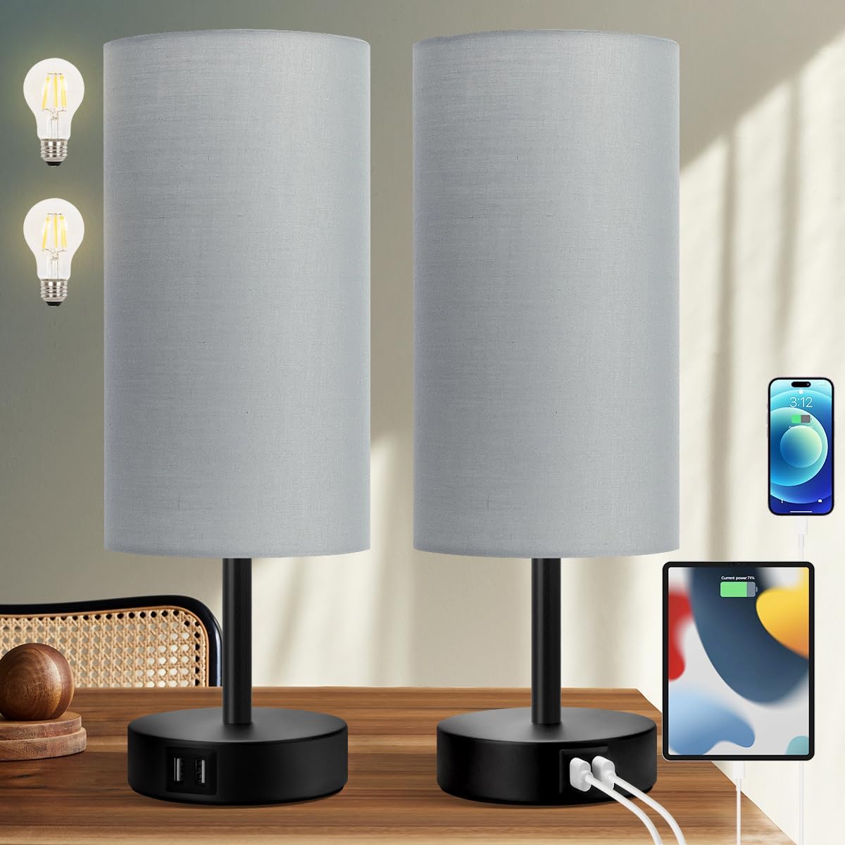 Yarra-Decor Bedside Lamps with USB Port - Touch Control Table Lamp for Bedroom 3 Way Dimmable Nightstand Lamp Set of 2 with Round Grey…