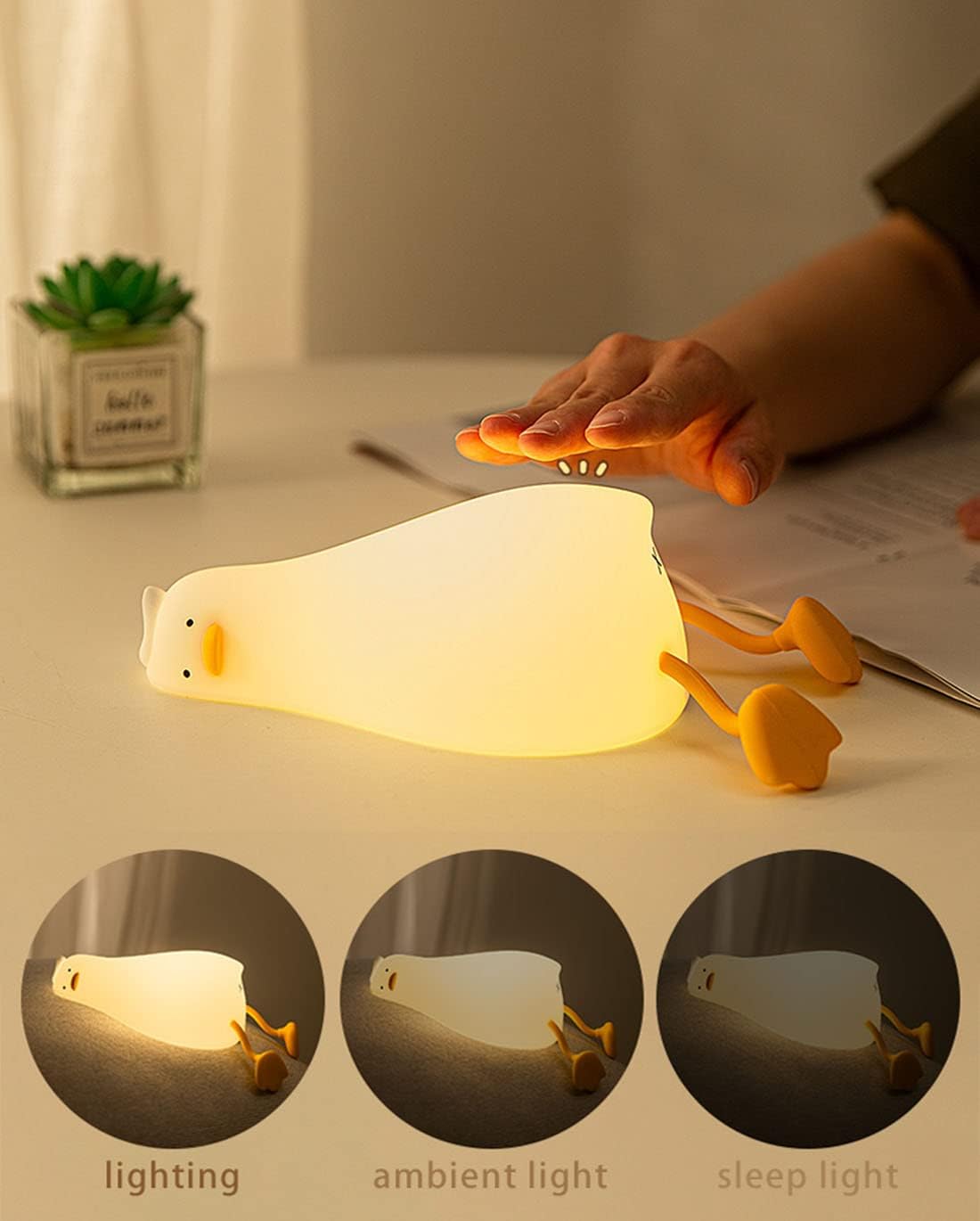 Happybag LED Lying Flat Duck Night Light, 3 Level Dimmable Nursery Nightlight, Cute Lamps Silicone Squishy Light Up Duck, Rechargeable Bedsid…