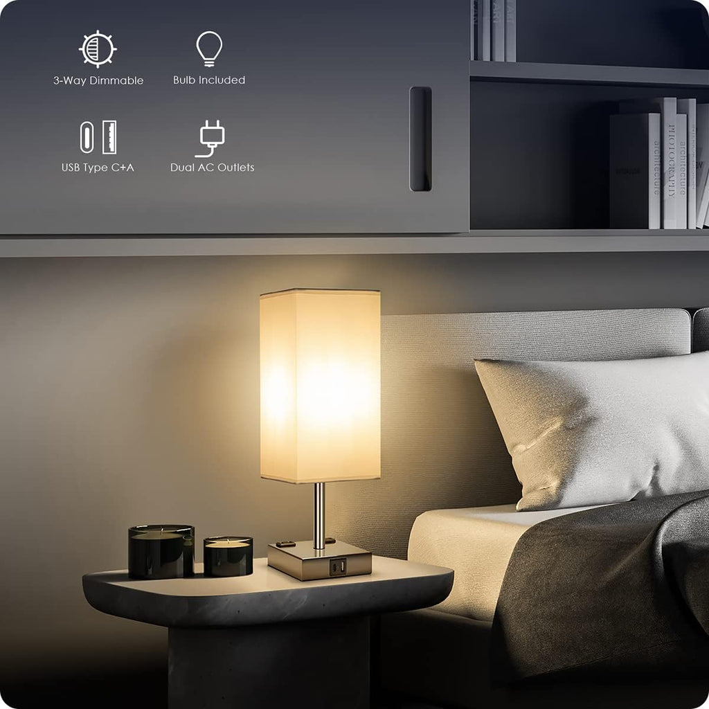 Bedside Lamp with USB Ports - Touch Control Table Lamp for Bedroom with USB C+A Charging Ports & AC Outlets, 3 Way Dimmable Nightstand…
