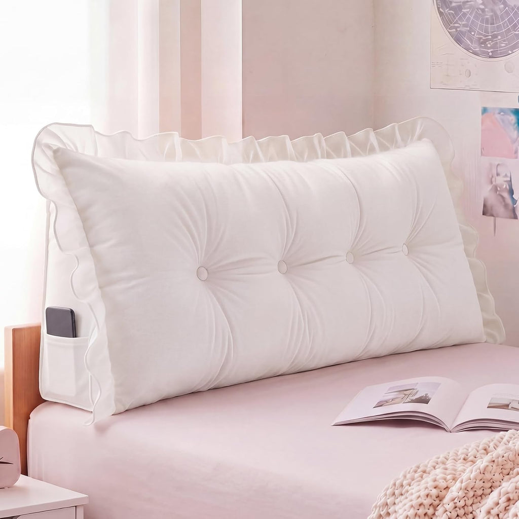 Leinuosen 39 in Ruffle Wedge Headboard Pillow for Dorm Twin XL College Bed Reading Bolster Dorm Velvet Triangular Bed Backrest Wedge…