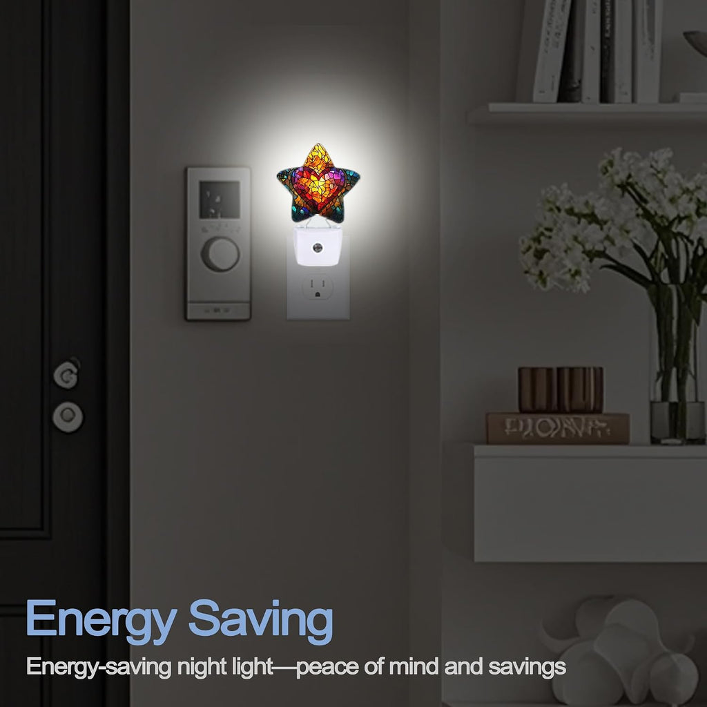 Snowmolle Love Heart Stained Glass Night Lights Plug Into Wall, Abstract Star Night Light for Kids, Nightlight with Dusk to Dawn Smart Sensor…