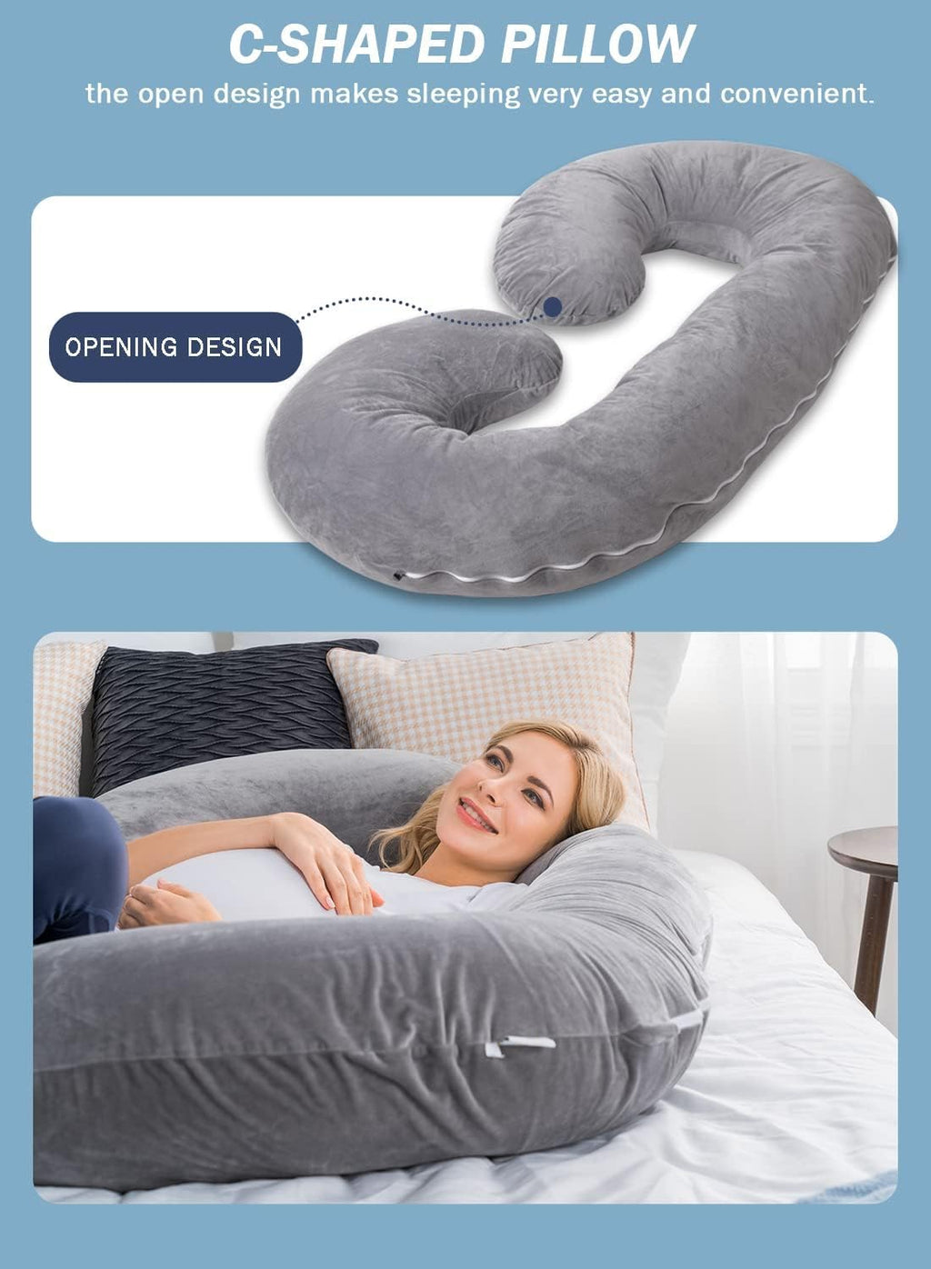 INSEN Pregnancy Pillow for Sleeping, Maternity Pillow with Jersey Cotton Cover, C Shaped Body Pillow for Pregnant (Gray)