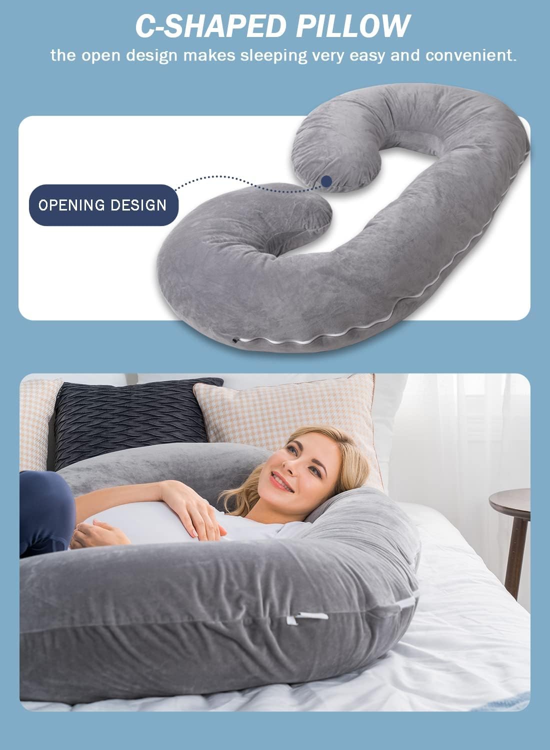 INSEN Pregnancy Pillow for Sleeping, Maternity Pillow with Jersey Cotton Cover, C Shaped Body Pillow for Pregnant (Gray)