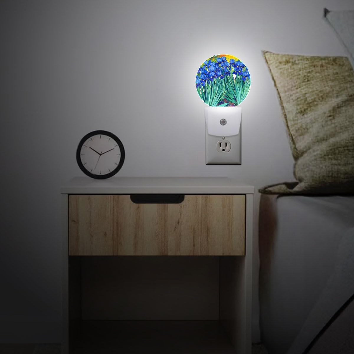 Blue Flower Oil Painting Night Light Plug Into Wall Auto Led Sleep Round Lamp for Living Room Hallway Stairs