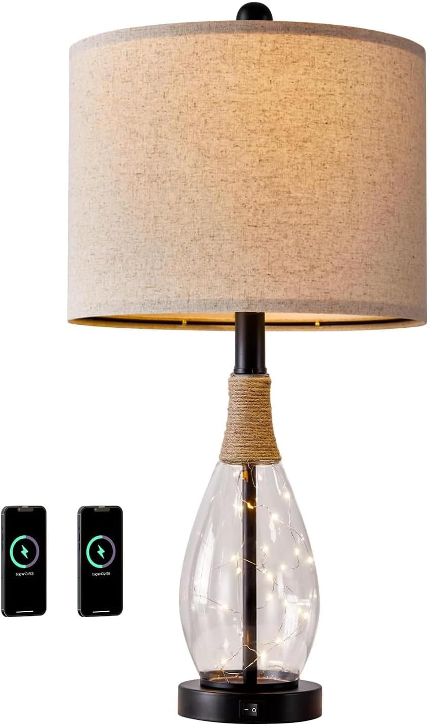 OYEARS Bedside Table Lamp with USB, 23‘’ Black Modern Nightstand Lamps for Bedroom, Retro Rattan Table Lamps for Night Stands, Living…